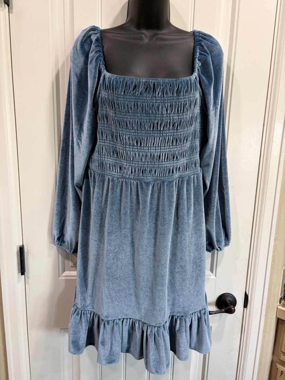 Lauren Conrad Smocked Velvet Blue Gray Dress Ruffle Cottage Core Baby Doll